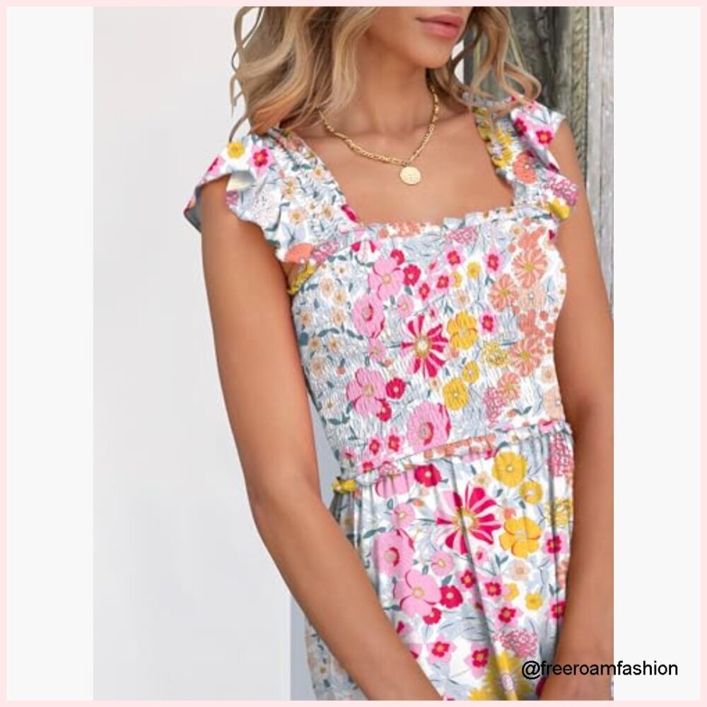 Sleeveless Maxi Dress Square Neck Smocked Boho Casual Ruffle Strap Flowy A-Line - Picture 6 of 7